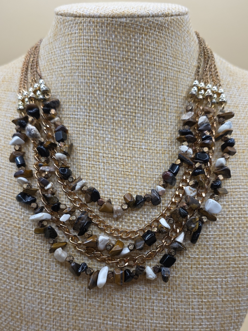 Multi-strand Gemstone Chips in Gold-tone Chain Necklace